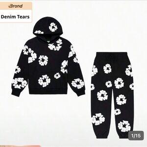 Denim Tears Black Hoodie & Jogger Set with White Floral Print